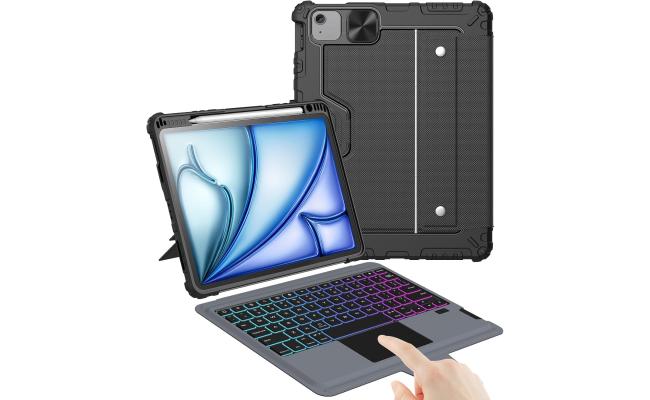 Nillkin iPad Air 11-inch (M3/M2) Case with Detachable Keyboard, iPad Air 11 (2025), Apple iPad Air 11 (2024), Apple iPad Air (2022), Rugged Keyboard Case, Backlit, Trackpad, Portrait/Landscape Modes Arabic / English - Black